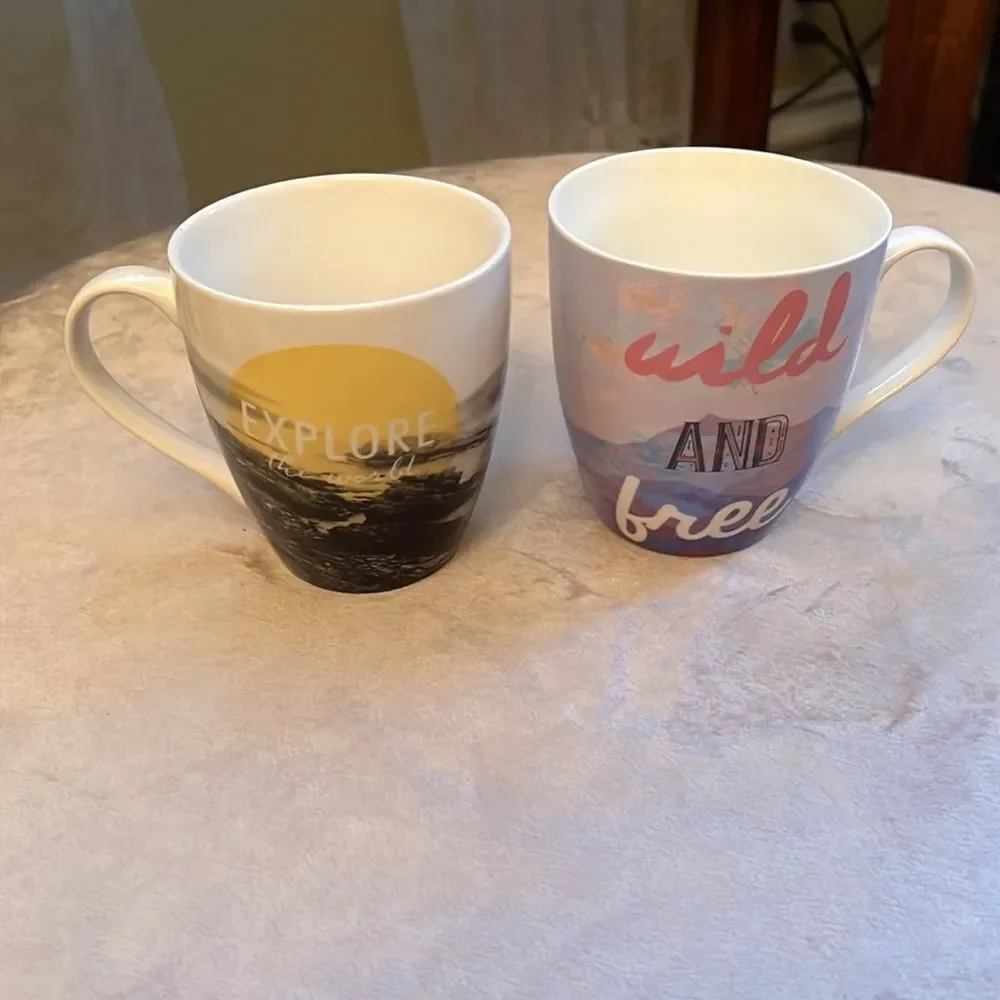 Pfaltzgraff Set of 2  Boho Travel *ADVENTURE* Coffee Cups Mugs EUC